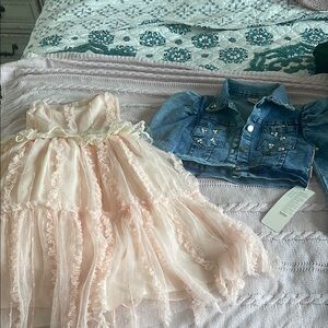 Pink Ruffled Dress and Denim Jacket Set